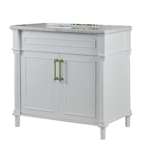 36 in. W x 22 in. D Single Vanity in White with White Marble Top with White Rectangular Basin and Gold Hardware