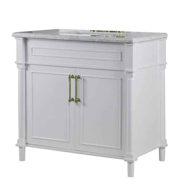 Bellaterra Home 36 in. W x 22 in. D Single Vanity in White with White Marble Top with White Rectangular Basin and Gold Hardware