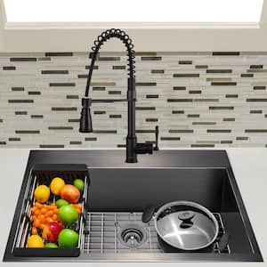 All-in-One Matte Black Finished Stainless Steel 33 in. x 22 in. Drop-In Single Bowl Kitchen Sink with Spring Neck Faucet