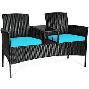 Black 1-Piece Wicker Outdoor Loveseat with Turquoise Cushions and Built-In Table