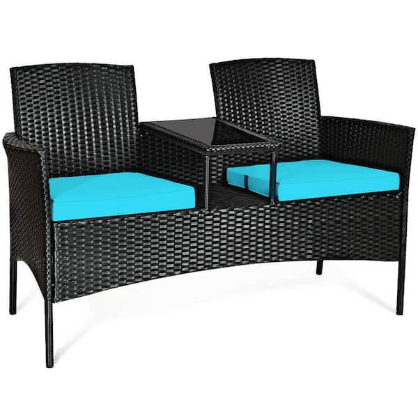 WELLFOR Black 1 Piece Wicker Outdoor Loveseat with Turquoise