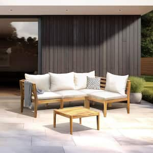 4-Piece Acacia Wood Outdoor Patio Conversation Deep Seating set with White Cushions