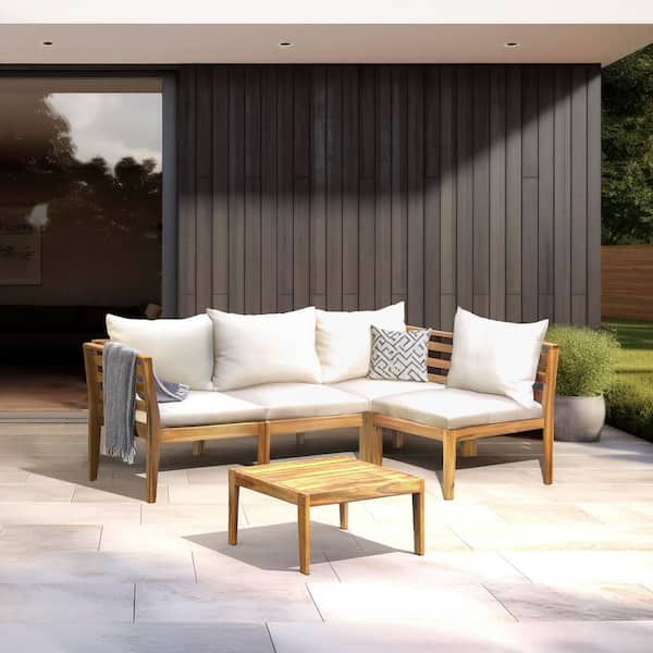 Kinger Home 4-Piece Acacia Wood Outdoor Patio Conversation Deep Seating set with White Cushions