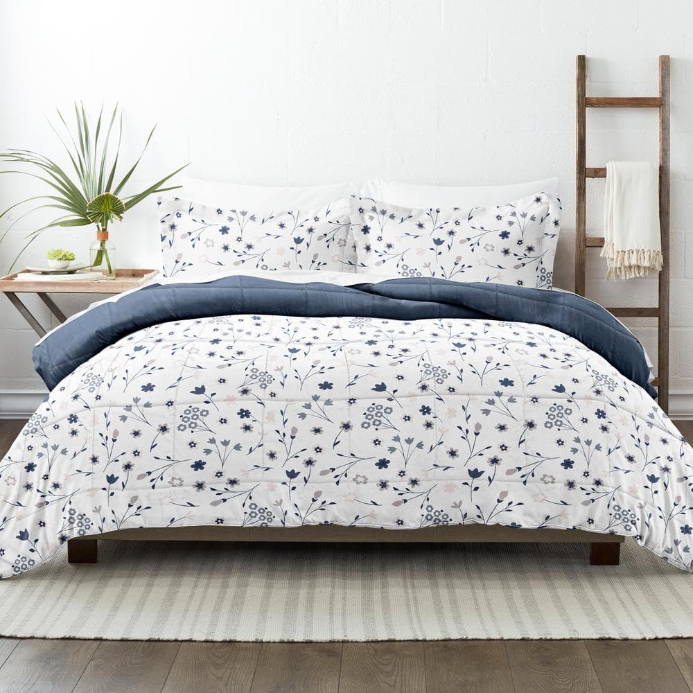 Navy Floral Reversible Microfiber Comforter Set, Full