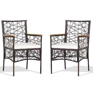 Mix Brown Metal Wicker Outdoor Dining Chair with Off White Cushion(Set of 2)