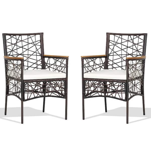 Costway Mix Brown Metal Wicker Outdoor Dining Chair with Off White Cushion(Set of 2)