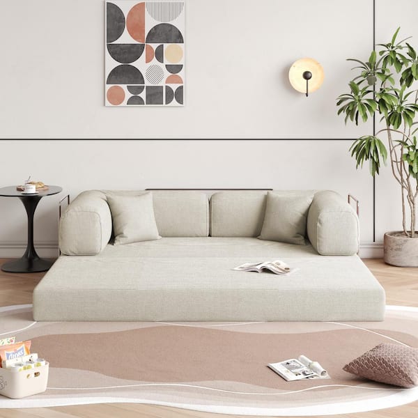 JASIWAY Modern 78.7 in. W Round Arm Corduroy Fabric Convertible Sleeper Rectangle Sofa in Beige