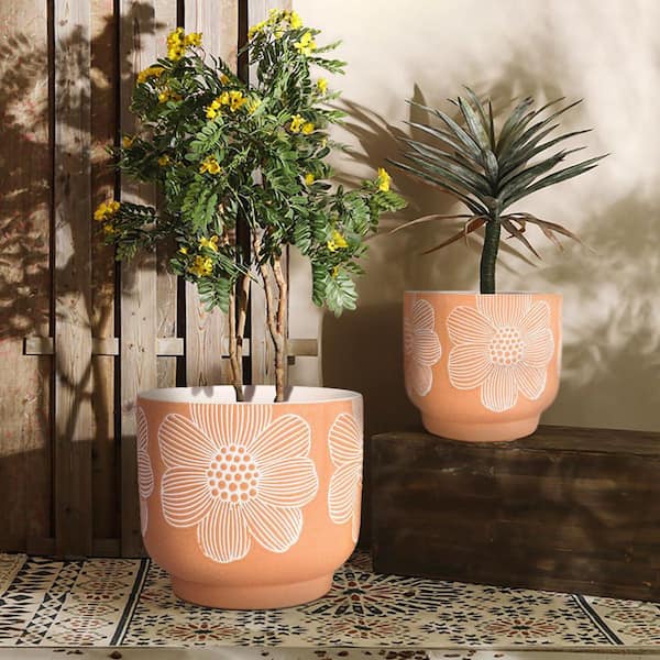 OGETFUUR Orange Sand Glazed Ceramic Planter with Drainage Hole for Indoor Plants (2-Pack)