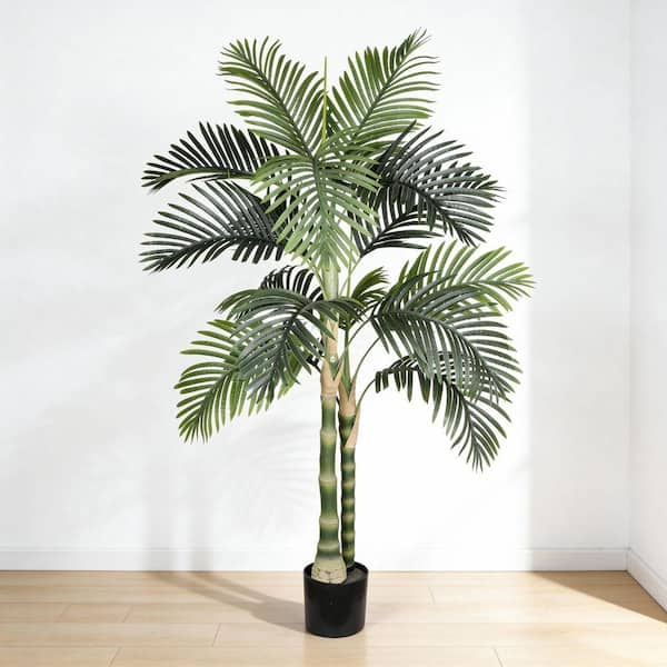 5 ft. Golden Cane Artificial Palm Tree in Black Pot : Tropical Faux Plant for Indoor/Outdoor