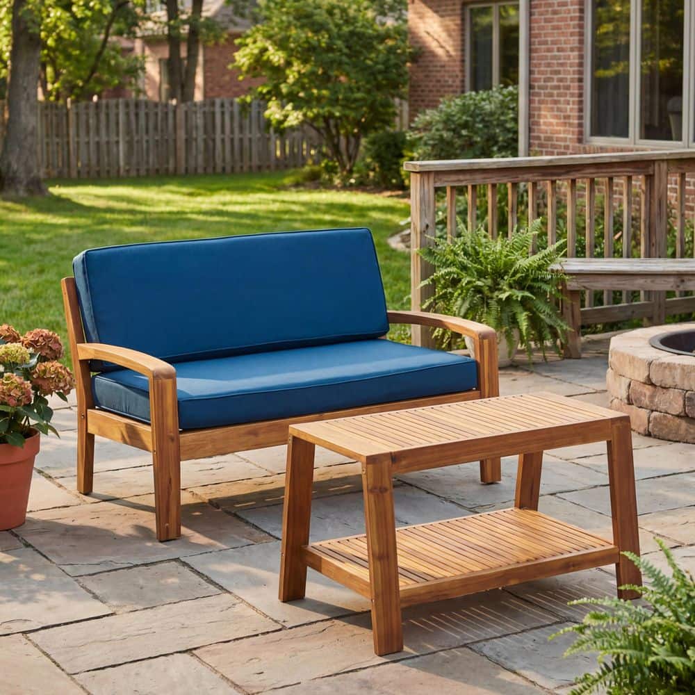 2-Piece Outdoor Teak Acacia Wood Patio Conversation Set with Dark Blue Cushions, include Loveseat & Coffee Table price history on PriceWatchPro