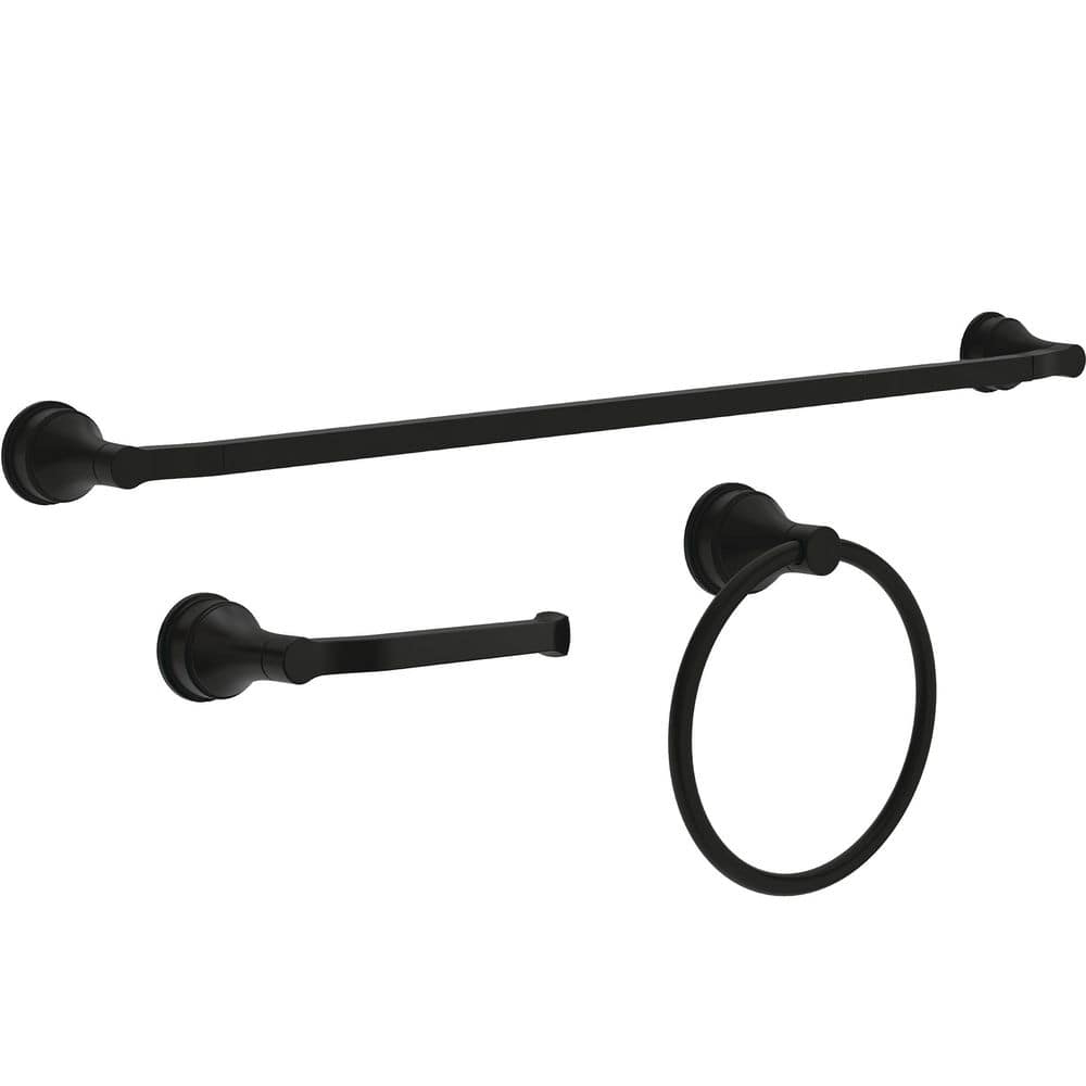 Faryn 3-Piece Bathroom Hardware Set with 18 in. Towel Bar, Toilet Paper Holder, Towel Ring in Matte Black price history on PriceWatchPro