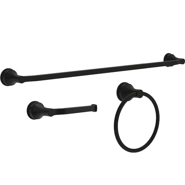 Faryn 3-Piece Bathroom Hardware Set with 18 in. Towel Bar, Toilet Paper Holder, Towel Ring in Matte Black