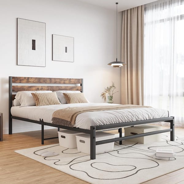 Brown Metal and Wood Frame Queen Platform Bed with Headboard