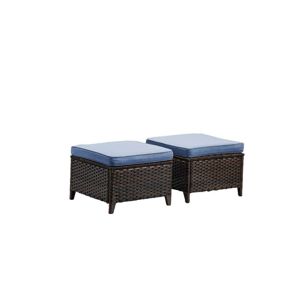 Carolina Brown Steel Wicker Outdoor Ottoman with Blue Cushions