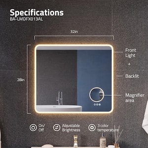 32 in. W x 28 in. H Large Rectangular Frameless LED Light Wall Mounted Magnifying Bathroom Vanity Mirror with Defogger