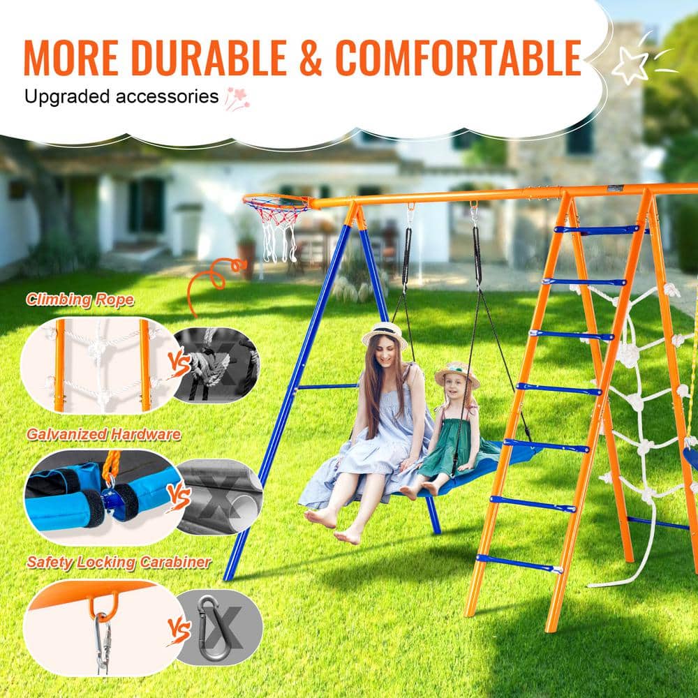 Orange and Blue 6-in-1 Metal Swing Set with Climbing Net