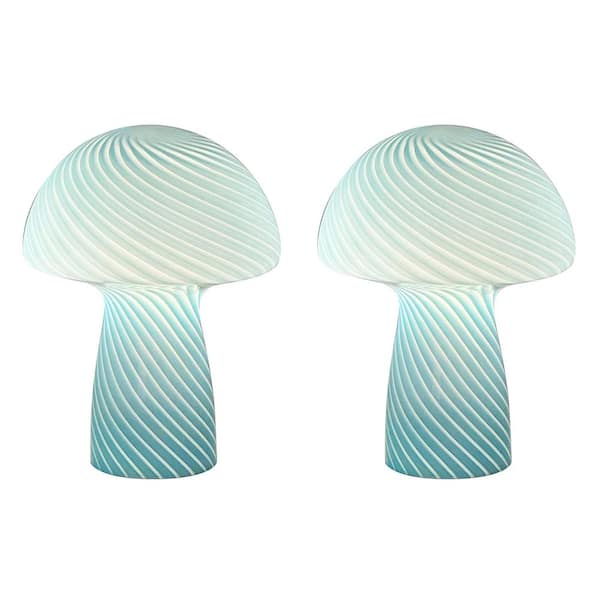 Uixe Mushroom 9.05 in. Modern Bedside Table Lamp with Blue Strips Glass Shade(Set of 2)