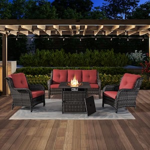 ArcoBay 4-Piece Gray Wicker Patio Square Fire Pit Conversation Set with Red Cushions and Sofa Set