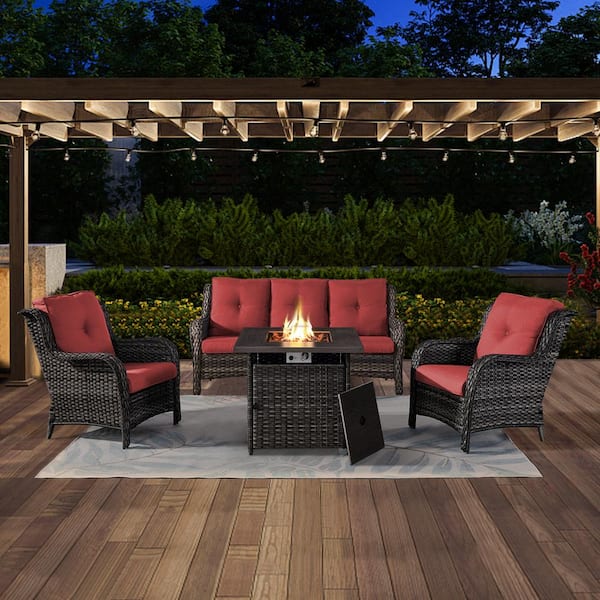 Opohoro ArcoBay 4-Piece Gray Wicker Patio Square Fire Pit Conversation Set with Red Cushions and Sofa Set