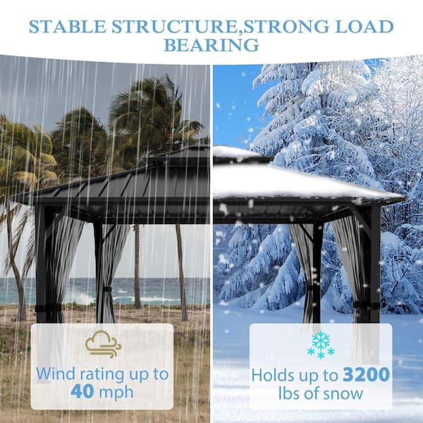 12 ft. W x 12 ft. D Aluminum Hardtop Gazebo with Galvanized Double Roof and Textilene Netting