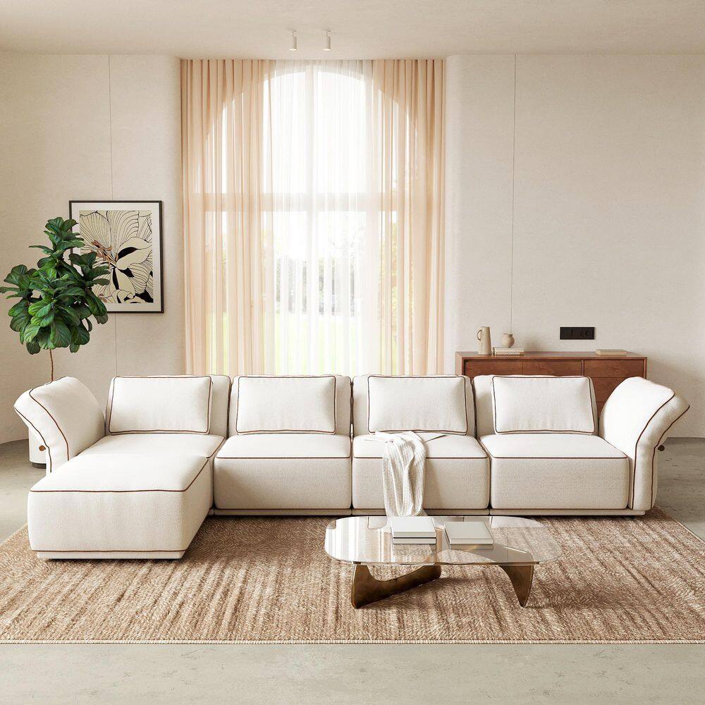 Oversized 129 in. Wide Seat Pillow Top Arm Fabric Modular Sectional Sofa with Removable Cover, Ottoman in Beige