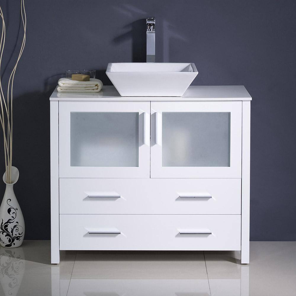 White Ceramic Top Freestanding Modern Bathroom Vanity with Vessel Sink