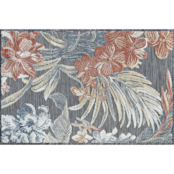 Tayse Rugs Tropic Floral Black 2 ft. x 3 ft. Indoor/Outdoor Area Rug