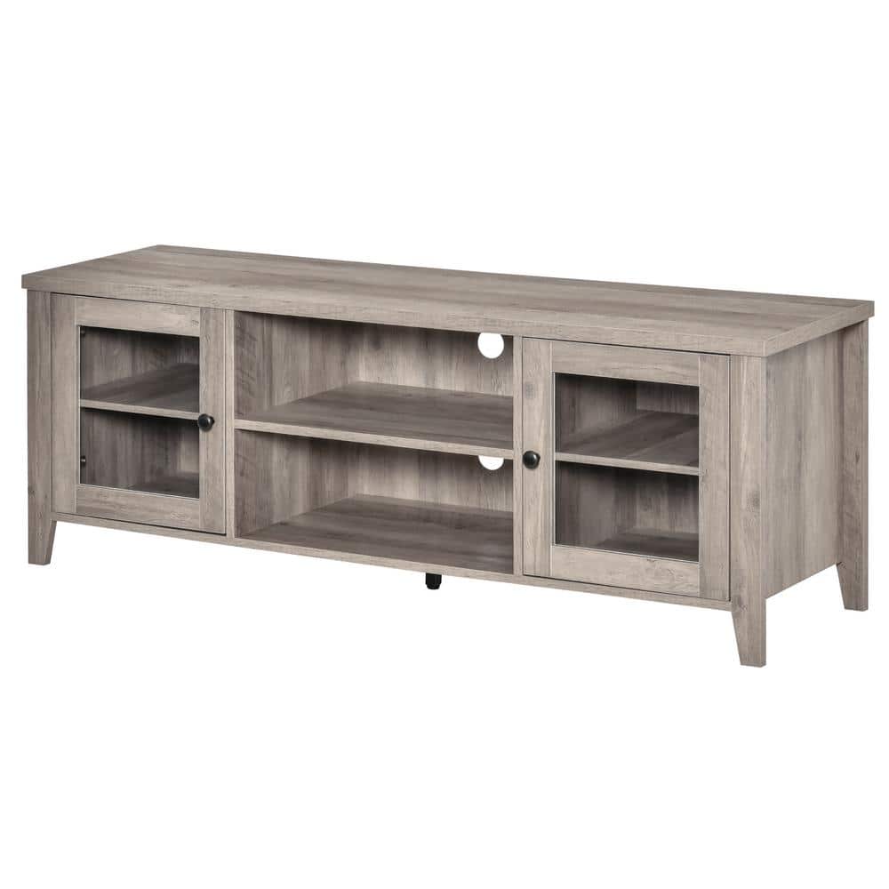 Modern Gray Wash TV Stand with Open Shelves and Cabinets