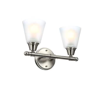 2-Light Brushed Nickel Vanity Light with Frosted White Glass Shades