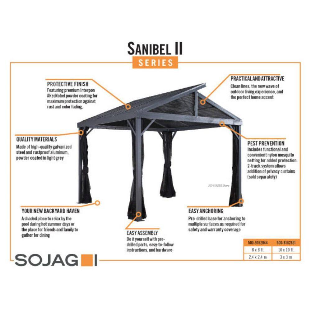 Sanibel II 10 ft x 10 ft Gray Aluminum and Steel Gazebo with Mosquito Netting