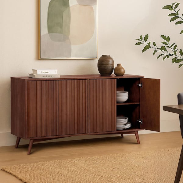 Teamson Home Tremolo Modern Boho 4-Door Sideboard with Adjustable Shelves, Push-Open Design, Solid Wood & Fluted Fronts