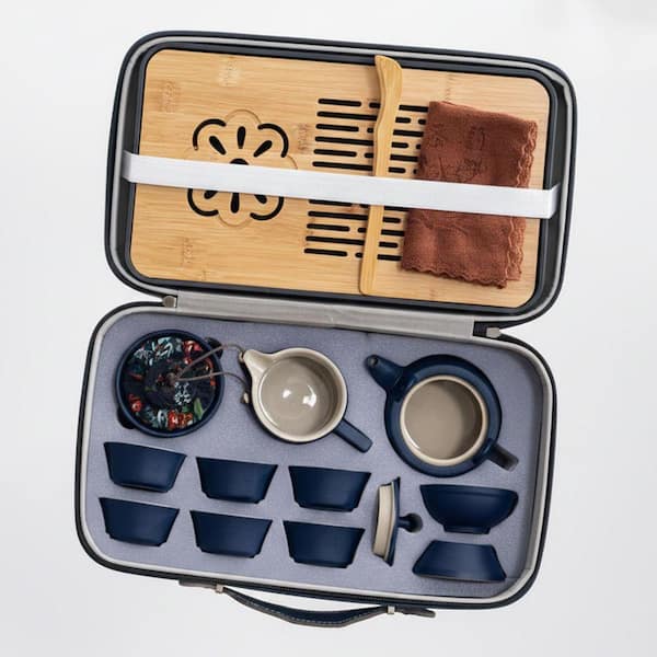 JFVKAF 14-Piece Ceramic Travel Tea Set with Bamboo Tray and