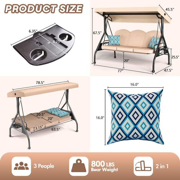 77 in. 3-Person Khaki Metal Patio Swing with 2 Side Tables and Adjustable Canopy