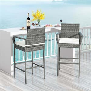 Metal Plastic Wicker Outdoor Bar Stool with Off White Cushion (4-Pack)