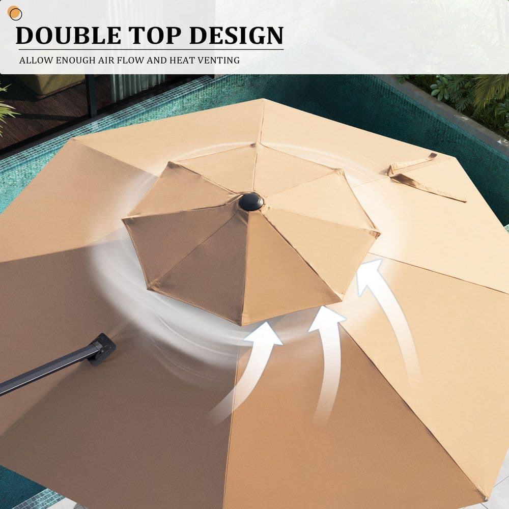 Tan 11 ft. Round Heavy-Duty Cantilever Patio Umbrella with Double Top