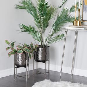 19 in., and 17 in. Medium Black Metal Planter with Removable Stand (2- Pack)