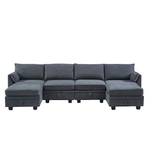 115 in. Flared Arm 3-Piece Linen U-Shaped Sectional Sofa in Gray with Convertible