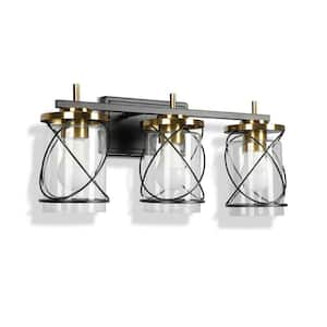 20.4 in. 3-Light Black Gold Bathroom Vanity Light with Iron Shade Style Glass Lampshade