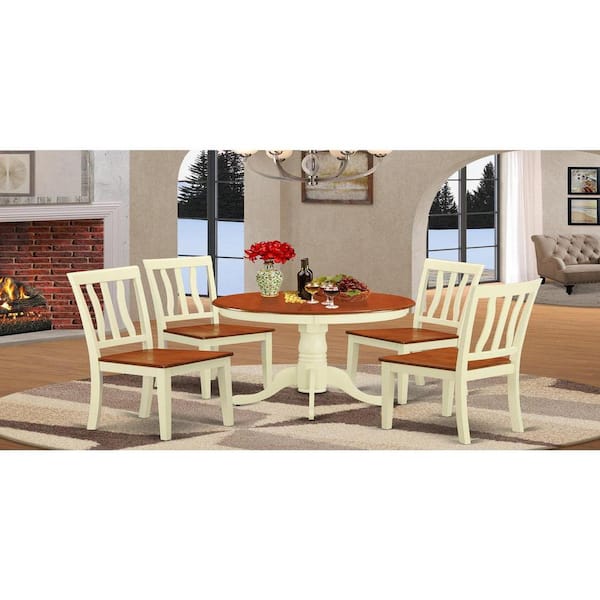 East West Furniture 5-Piece Round Buttermilk and Cherry Finish Solid Wood Top Dining table with 4 Chairs with Lattice Back