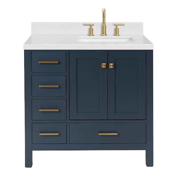 Cambridge 36 in. Single Sink Freestanding Bathroom Vanity in Midnight Blue with Carrara White Quartz Top