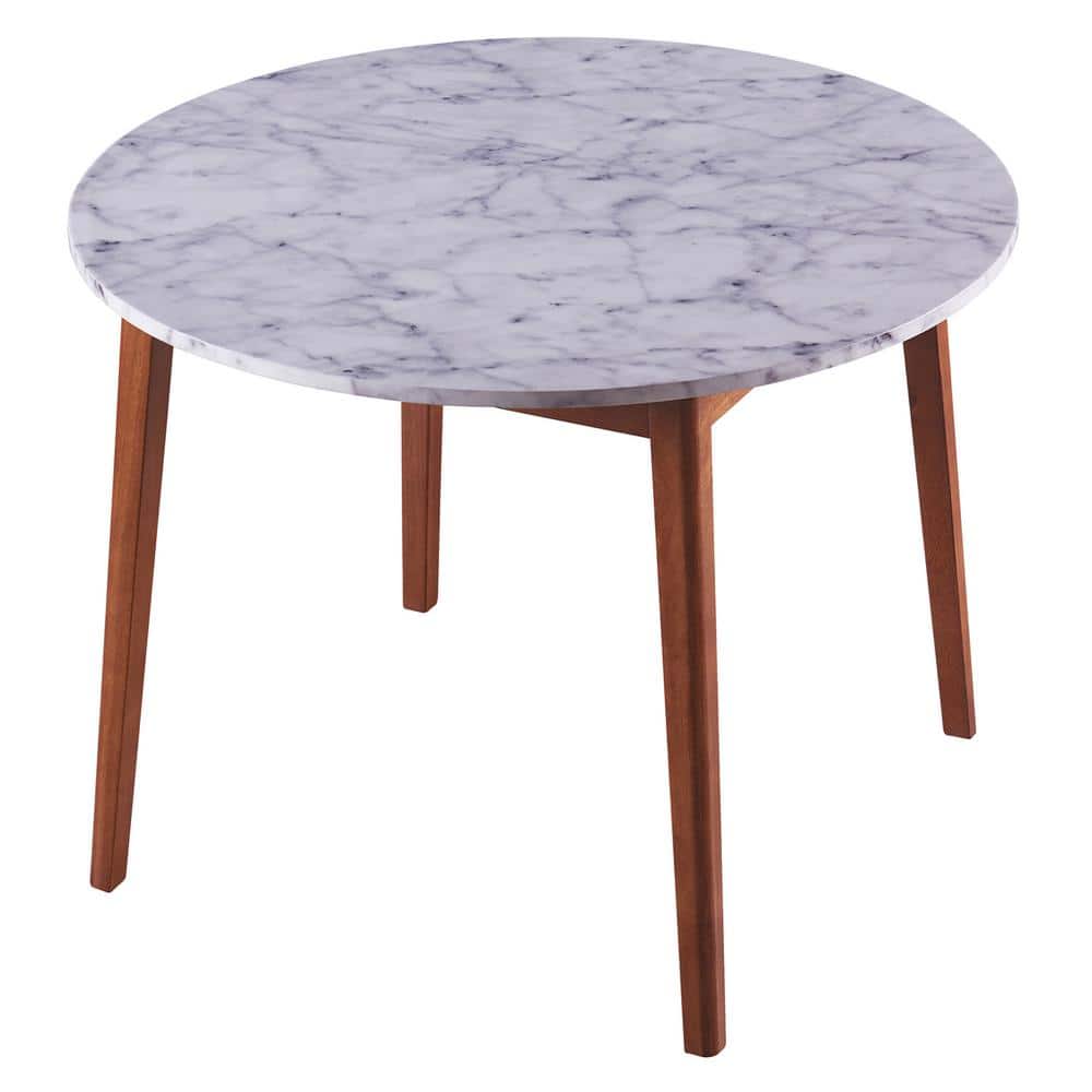 Ashton 40" Round White Faux Marble Dining Table with Walnut Base