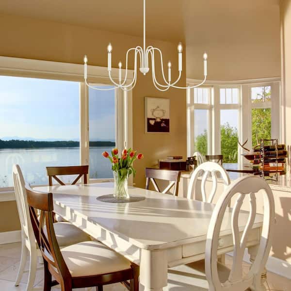 French Country 39.8 in. 6-Light White Candlestick Metal Chandelier with Linear Down Rods for Dining Room Kitchen Island