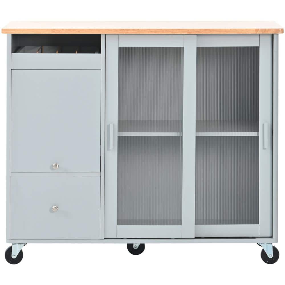 Gray Blue Rubberwood Kitchen Cart with Drop Leaf and 1-Flip Cabinet Door, a