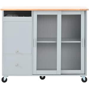 Gray Blue Rubberwood Kitchen Cart with Drop Leaf and 1-Flip Cabinet Door, an Adjustable Shelf, and 2-Drawers