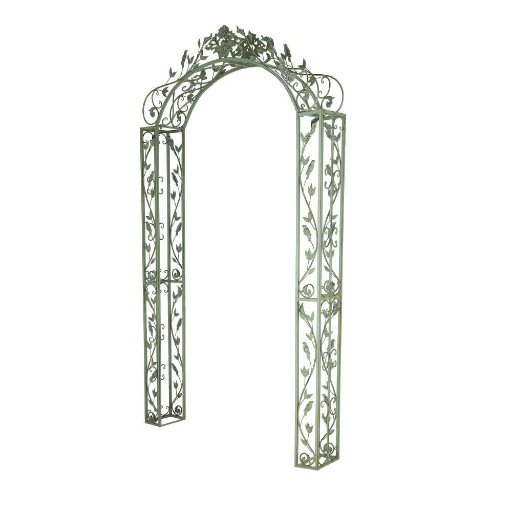 Green Wrought Iron Scrollwork Arched Garden Arbor with Bird Sculptures