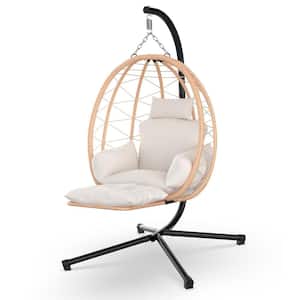 Alice Brown Egg Chair Patio Hanging Basket Chair, Rattan Wicker Swing Chair with UV Resistant Cushion and Pillow