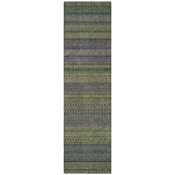 Olive Green 2 ft. x 8 ft. Woven Striped Polyester Runner Indoor / Outdoor Area Rug