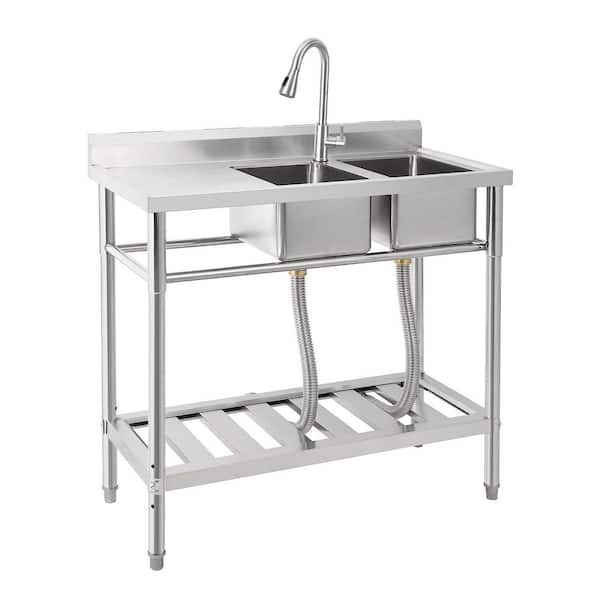 Stainless Steel Utility Sink, Double Bowl with Pull-Out Hot, Cold Faucet, Storage Shelf, Adjustable Legs for Kitchen