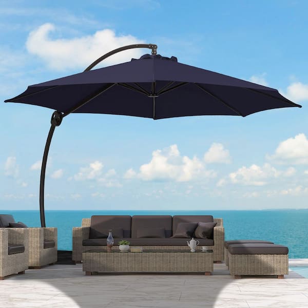 JEAREY 12 ft. L Outdoor Aluminum Curvy Cantilever Offset Hanging Patio Umbrella with Sandbag Base and Cover in Navy