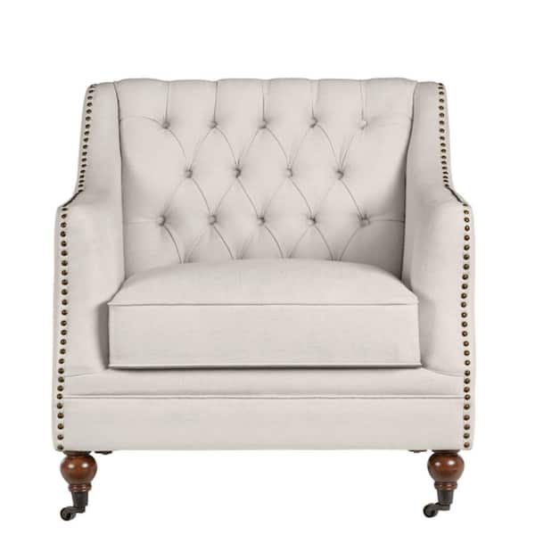 Home Decorators Collection Kennison Evere Ivory Wood Accent Chair with Tufting and Nailhead Trim (32.68 in. W x 32.28 in. H)